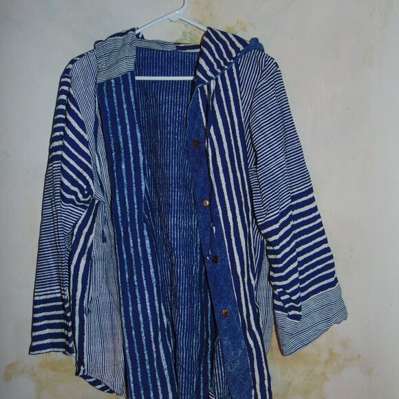 Linen Button Front Hooded Lightweight Jacket Shacket Blue Lagen Look Coastal 1X - Picture 8 of 9